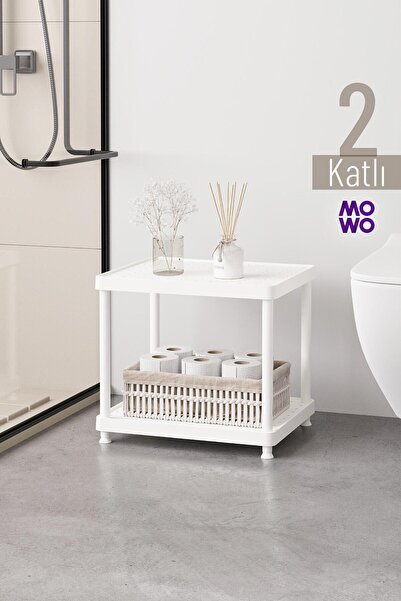 MOWO 2 Katlı Beyaz 40x33 Plastik Banyo Rafı Sehpa, Havuz Bahçe Balkon Masası,...