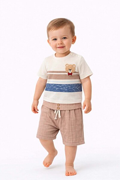 dinamik çocuk Baby Boy Teddy Bear Embroidered Striped T-Shirt - 2-Piece Set w...