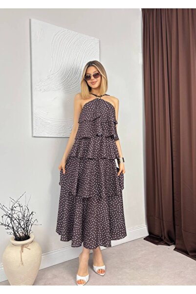 BEAUTY FASHİON Women's Halter Neck Ruffle Polka Dot Evening Dress Graduation ...