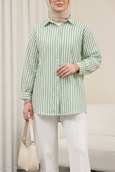 Modamorfo Πουκάμισο από λινό με ρίγες και κουμπιά - πράσινο