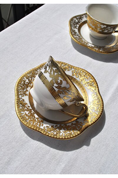 Qualitev 4 Pieces 2 Persons Porcelain Gold Gilded Coffee Cup Set Gold Flower ...