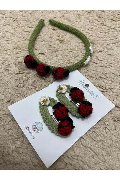 Hobievim3 طقم تاج ومشبك على شكل خنفساء محبوك