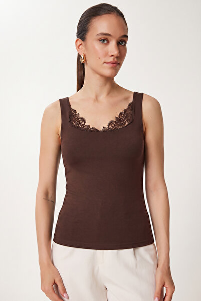 Lovelyİstanbul Lace Detailed Thick Strap Modal Blouse Lmw0036 Brown