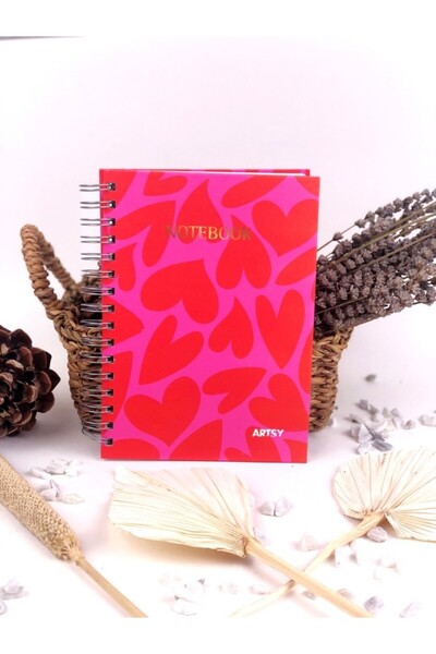 Artsy A5 (15x21 cm) Spiralli Kareli Sert Kapak Defter 112 Yaprak - Pembe Kalp