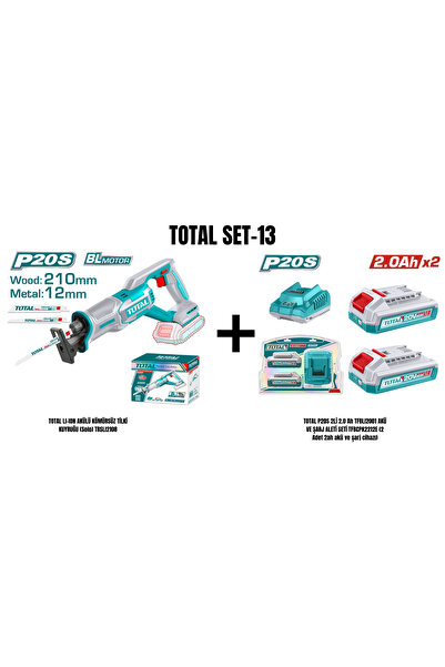 TOTAL Set-13 (TOTAL LI-ION AKÜLÜ KÖMÜRSÜZ TİLKİ KUYRUĞU+P20S 2Lİ 2.0 Ah AKÜ V...