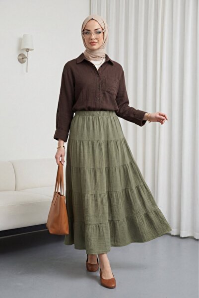 Modamorfo Πουκάμισο μουσελίνας με ένα τσερτσάκι και κουμπιά - καφέ