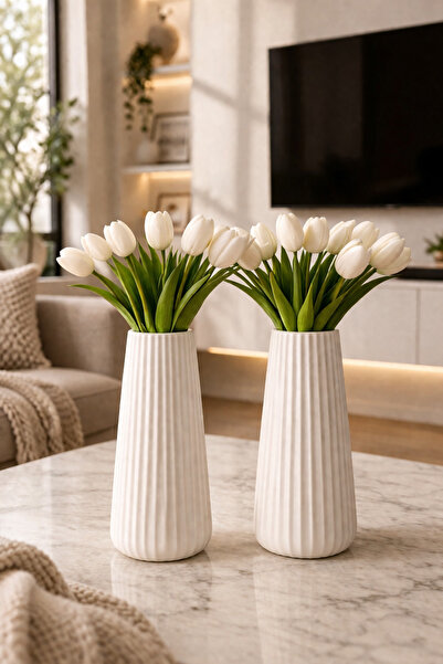 PEKELHOME PH01104 2’li 20 cm Beyaz Dekoratif Vazo Seramik Görünümlü Modern Mi...
