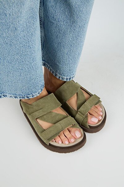 Manijero Elifi Women's Genuine Leather Velcro Khaki Slippers