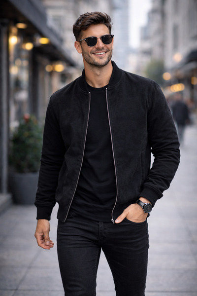 DYNAMO Men's Black Suede Coat – Regular Fit Zippered Spring Jacket