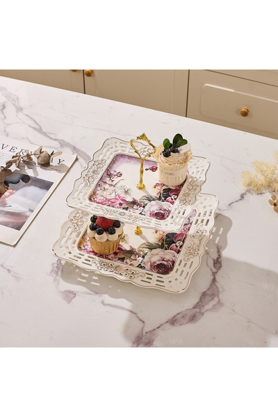 Malooki Διώροφη πορσελάνινη πιατέλα, με vintage floral σχέδιο, χρυσή μεταλλικ...