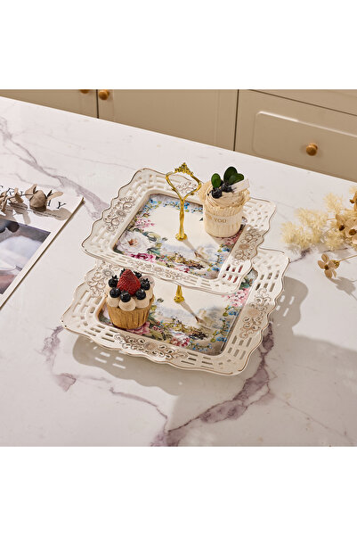 Malooki Διώροφη πορσελάνινη πιατέλα, με vintage floral σχέδιο, χρυσή μεταλλικ...