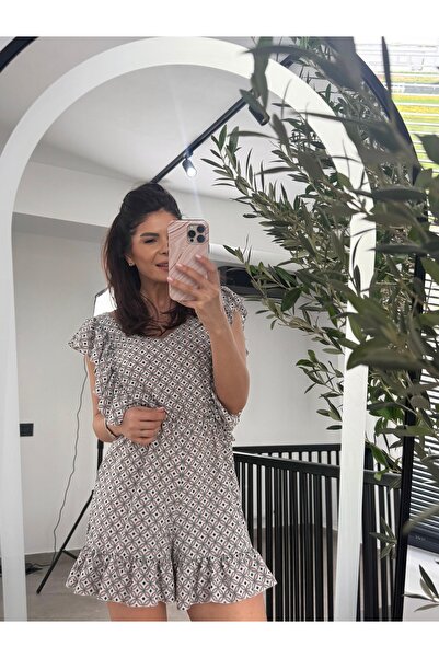 RAMONA BADESCU EXCLUSIVE Γυναικεία κοντή ολόσωμη φόρμα με στάμπα - βολάν, ανο...