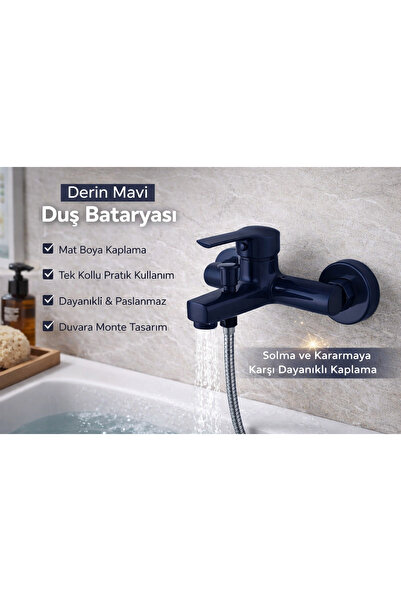 Derin Mavi Duş Bataryası – Mat Lacivert Tek Kollu Duvara Monte Banyo Musluğu (Modern Seri)