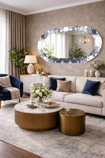 Decorita Dekor Camı ve Ayna | Lacivert Motifli Sanatsal Dekoratif Ayna | 110c...