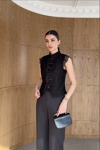 QİMYA BUTİK Keyymod Women's Bowknot Button Front Lined Sleeveless Full Lace B...