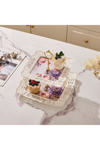 Malooki Διώροφη πορσελάνινη πιατέλα, με vintage floral σχέδιο, χρυσή μεταλλικ...