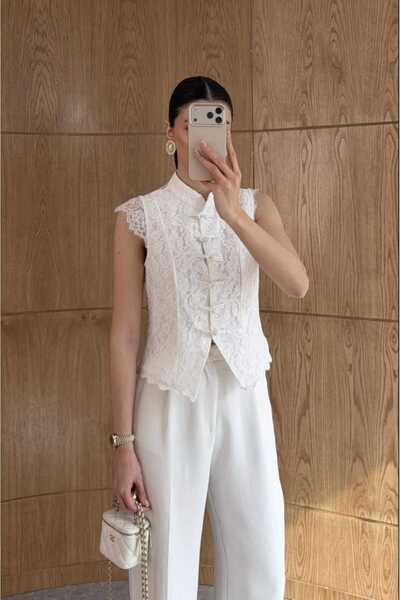 QİMYA BUTİK Keyymod Women's Bowknot Button Front Lined Sleeveless Full Lace B...