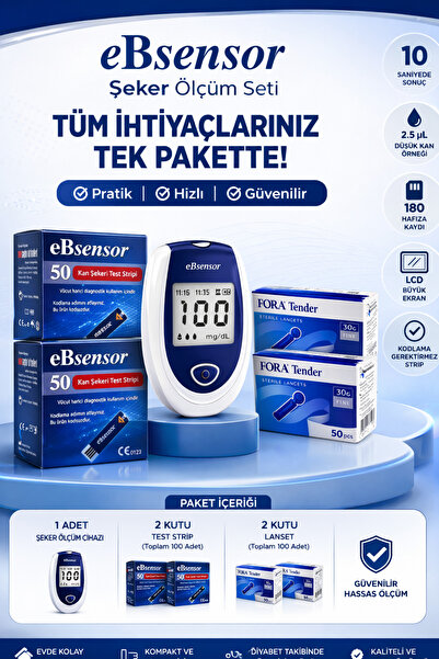 Ebsensor Şeker Ölçüm Cihazı 2 Kutu Strip (100 ADET) 2 Kutu (100 ADET) Lanset Başlangıç Paketi