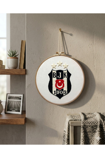 Beşiktaş 3 Yıldızlı Punch Nakış Pano - Taraftar Hediyelik Duvar Dekoru - El Emeği Punch Kasnak