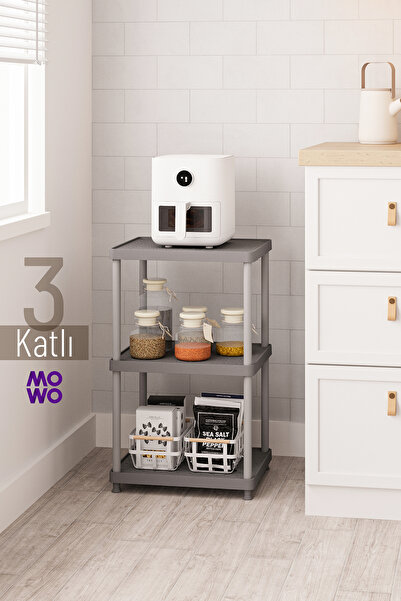 MOWO 3 Katlı Gri 40x33 Plastik Muftak Raf Sistemi, Banyo Rafı, Kiler, Kitaplı...