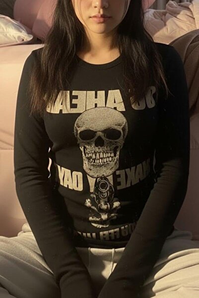 BALİNA Siyah Gotik Harajuku Go Ahead Make My Day Y2K Uzun Kollu Crop Crop