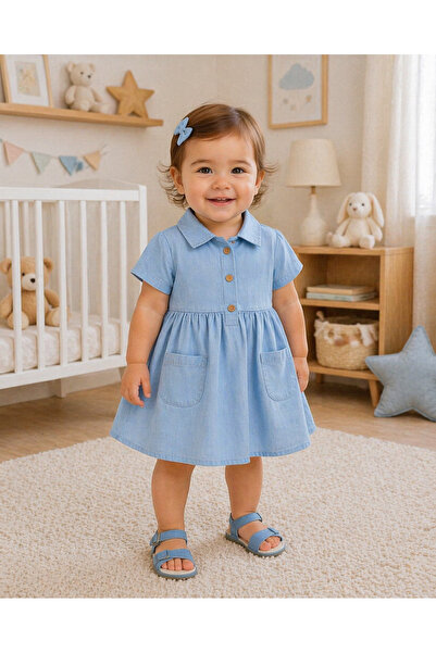 MBK GARDEN Kız Bebek Kot Elbise Cepli Düğmeli Yazlık Denim Bebek Elbisesi 6/2...