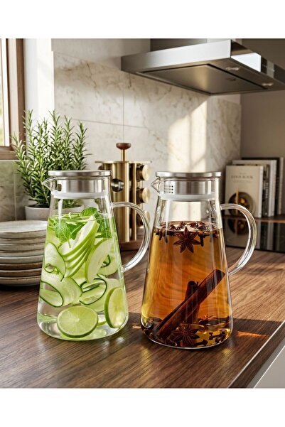 Buğra Home 2'Lİ VAKUM KAPAKLI ÇELİK ÇAM ISIYA DAYANIKLI SÜRAHİ-1800ML-