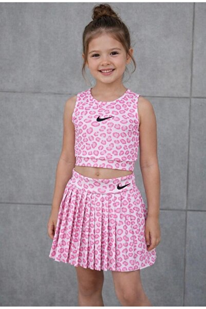 Uğur bebe Κοριτσίστικο ροζ λεοπάρ μαγιό Crop Krop με σορτς και φούστα, αθλητι...