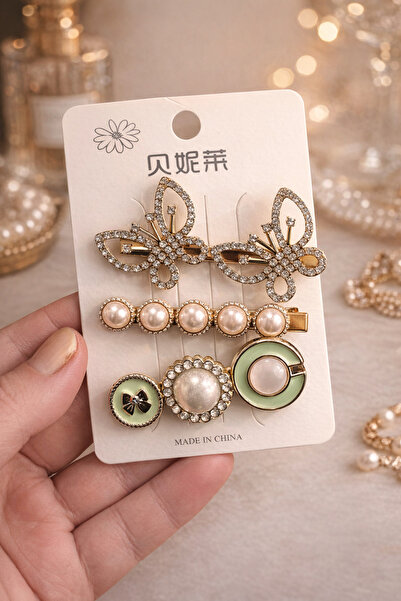 Bymiel Women's 3-Piece Stone and Pearl Detailed Hair Clip Set – Stylish & Ele...