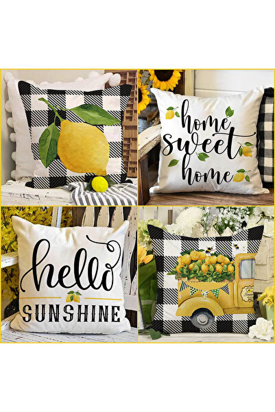 HOMESSA Set of 4 Lemon and Plaid Patterned Throw Pillow Covers Home Sweet Hom...