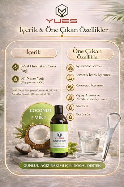 YUES Natural Whitening Pulling Oil Ağız Bakım Yağı Coconut + Mint - Dil Temizleyici Hediyeli