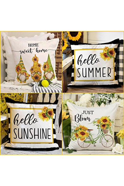HOMESSA Set of 4 Sunflower Gnome and Texted Cushion Covers Hello Summer Sunsh...