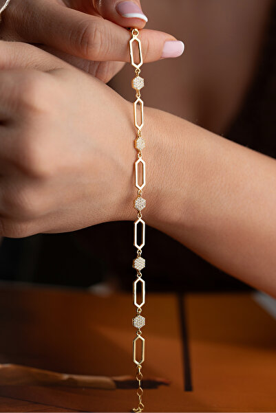 Silvano Jewelry 925 Ayar Gümüş Altın Kaplama Altıgen Zincir Bileklik