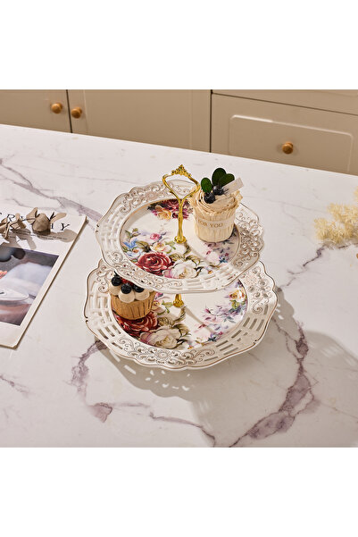 Malooki Διώροφη πορσελάνινη πιατέλα, με vintage floral σχέδιο, στρογγυλή.