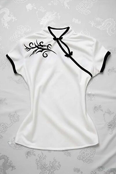 8line White Chinese Collar Floral Motif White Striped Vintage Y2K Short Sleev...