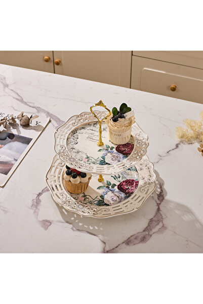 Malooki Διώροφη πορσελάνινη πιατέλα, με vintage floral σχέδιο, στρογγυλή.