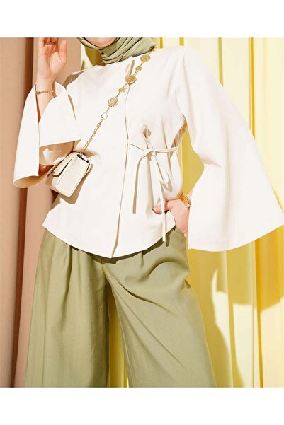 KULVAR TREND 5920 Yandan Bağlamalı Tek Düğmeli Kimono Ceket Krem