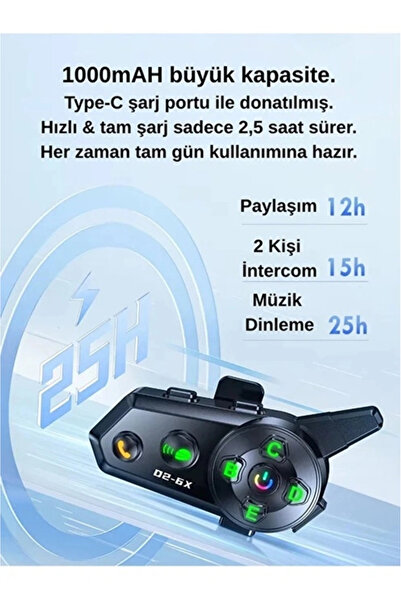 Vothoon D2-6X 1000M Mesafeli 6 Kanallı İntercom Bluetooth Motosiklet Kask Kulaklığı İntercom Kulaklık
