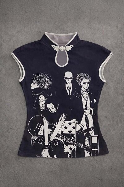 Yukatay Siyah Anime Nana Qipao Vintage Y2K Kısa Kollu Crop