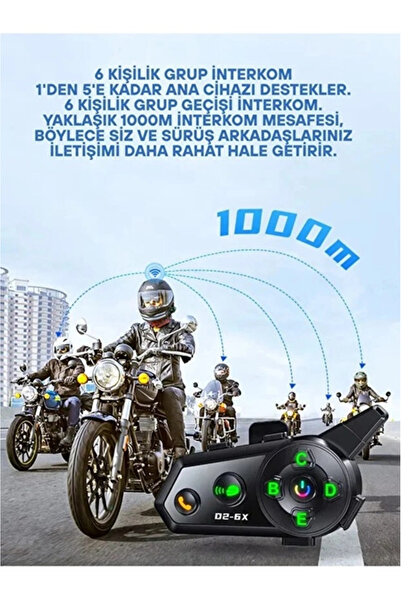 Vothoon D2-6X 1000M Mesafeli 6 Kanallı İntercom Bluetooth Motosiklet Kask Kulaklığı İntercom Kulaklık