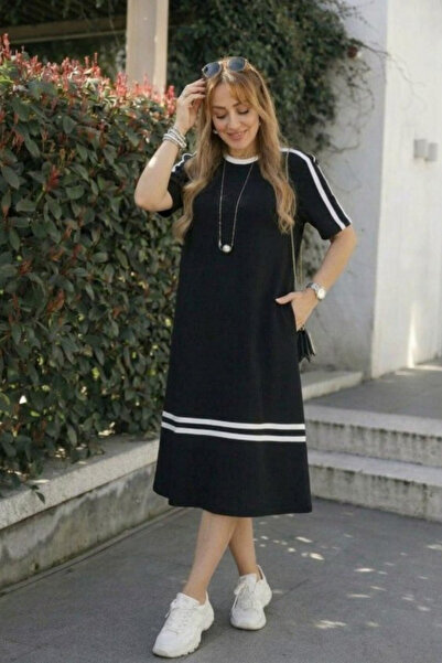 Viyamo New Season Women's Short Sleeve Crew Neck Stripe Detailed Midi Viscose...