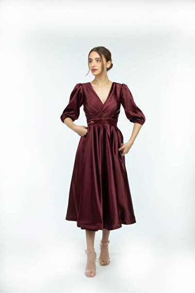 FIRST STYLE فستان ميدي أنيق باللون العنابي