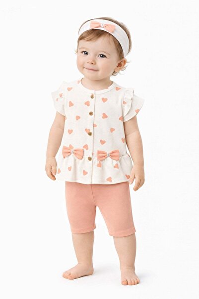 dinamik çocuk Baby girl heart patterned bow bandana 3-piece set with ribbed s...