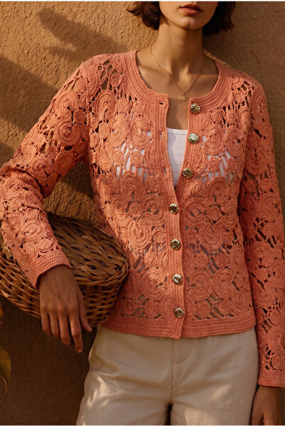 FEMELLE Ζακέτα από βελονάκι σολομονένιο με χρυσά κουμπιά