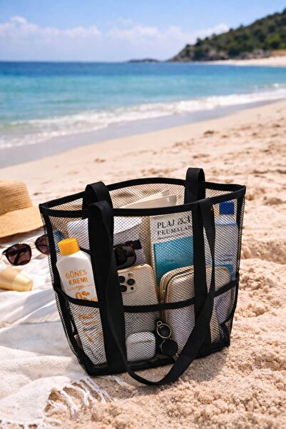 bb butik basic Διαφανής Μαύρη Διχτυωτή Τσάντα Καθημερινής Χρήσης & Παραλίας S...