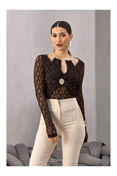 Coral Lace Blouse with Moon Accessory on the Collar 14417 Brown