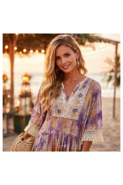 İthal Tunik Elbise Mor ve Camel Batik Desenli Nakışlı - Sim Çizgili ve Püskül...