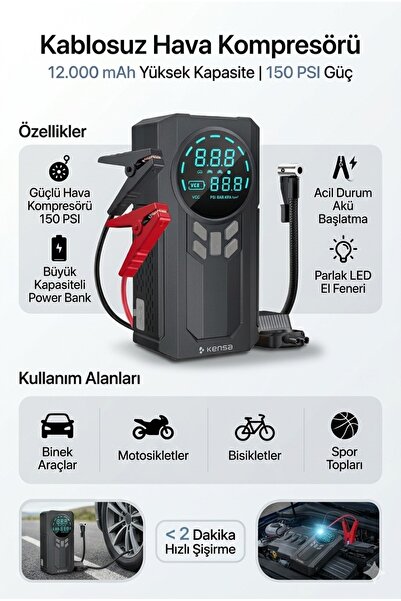 TEKNOHANE 4Ü1 Arada Akü Takviye 150 PSI Hava Kompresörü Güçlü Fener Ve Powerbank