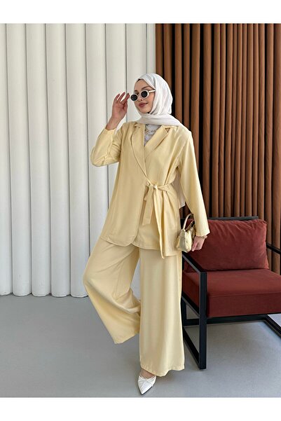 Modaensarbutik Yandan Bağlamalı Ceket Pantolon Tesettür Takım-SARI
