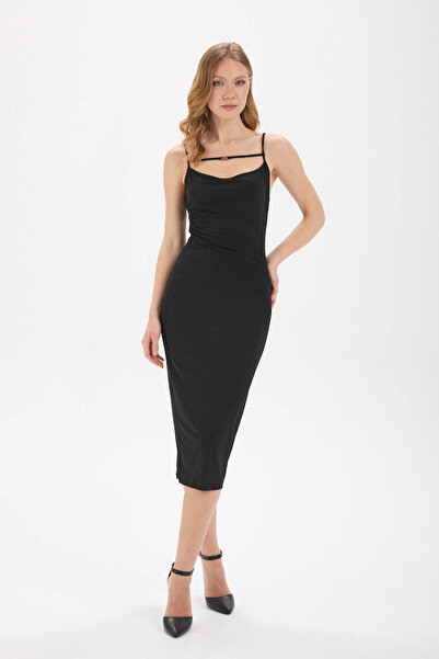 IMBUE Bant Detaylı İnce Askılı Siyah Bodycon Midi Elbise